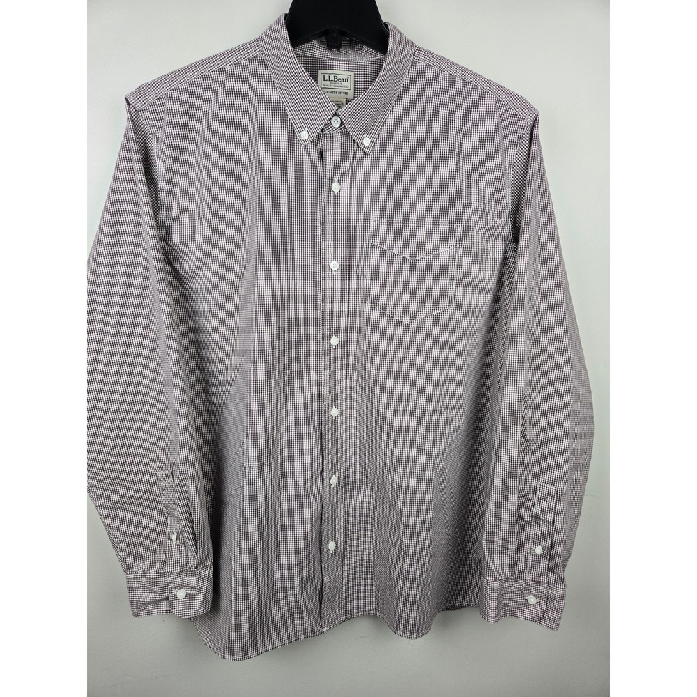 LL Bean Mens XL Regular Gingham‎ Button Down Shirt Burgundy CoolMax